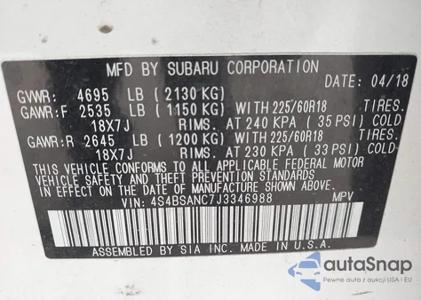 2018 Subaru Outback 2.5I Limited z USA, uszkodzony, nr VIN 4S4BSANC7J3346988